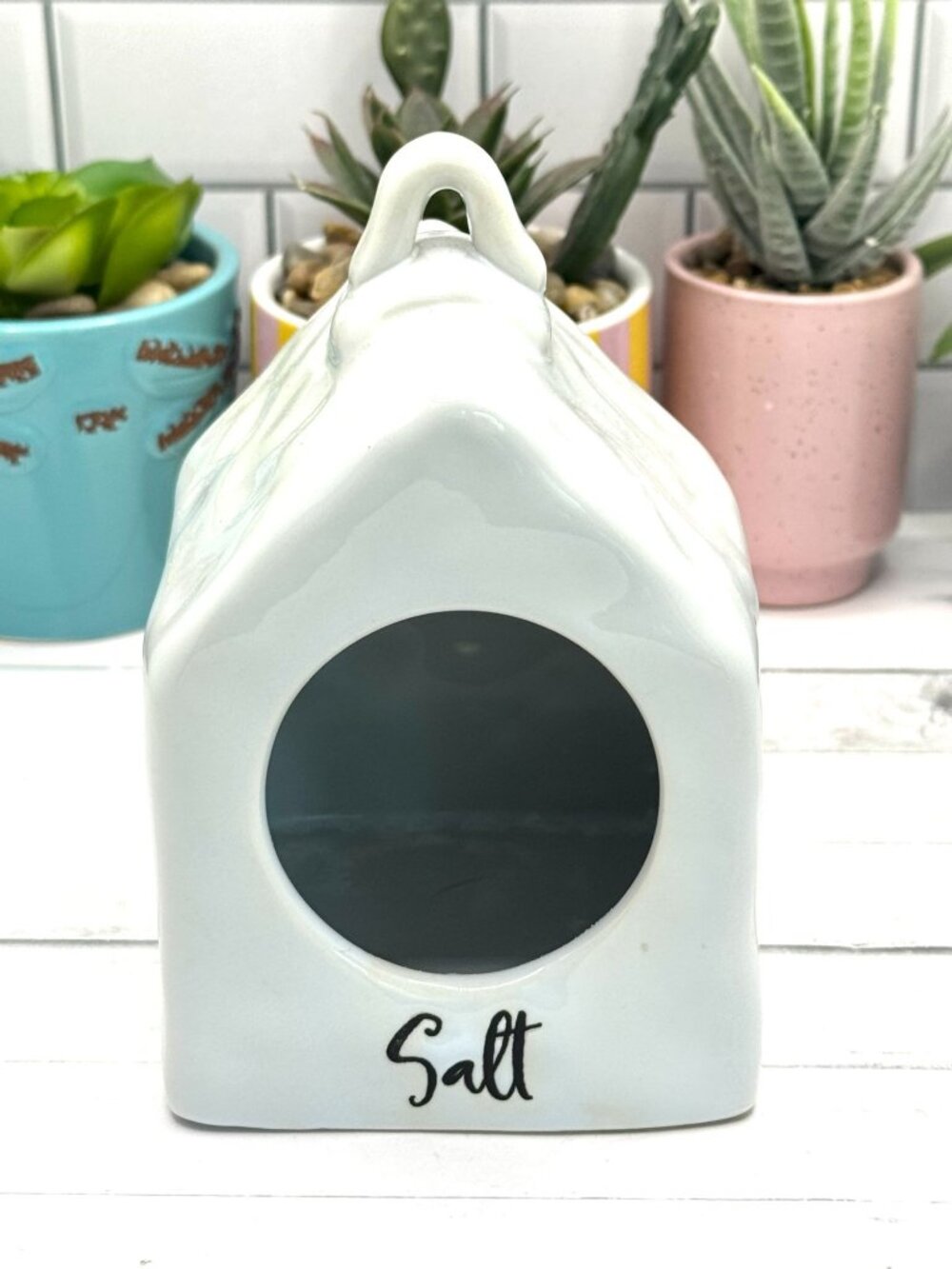 Ceramic White Salt Cellar With Window & Handle - Script Collection